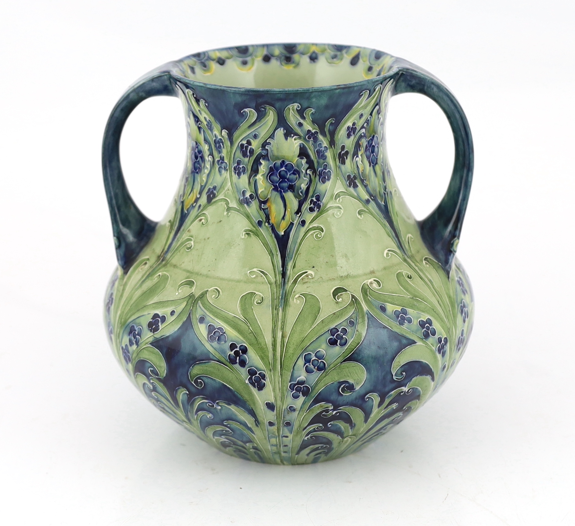 Moorcroft for Liberty & Co., Florian Ware 'Cornflower' two-handled vase, crack to one handle